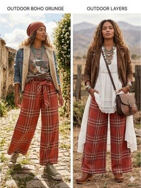 Intimately Free People Size M Wide Leg Pant Plaid Rust Orange